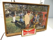 Killer 1957 Vtg Budweiser Lighted Beer Sign Hunting Dog 1953 Ford Station Wagon picture