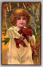 Christmas~Cute Lil Girl w/ Steiff Teddy Bear~Decorated Tree~Silver Emb~Nash~1912 picture
