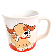 Vintage J.S.N.Y Taiwan Ceramic Puppy Mug Cup Beige Brown w/ Red Collar  3.5