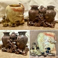 Lot Of 2 Vintage Chinese Carved Soapstone Vases with Flowers, 1 Brown, 1 Cream picture