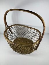 VTG Woven Brass Oval Basket w Handle Handcrafted Decorative Crafts 12