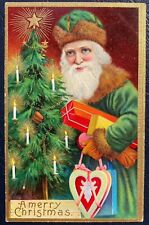 Long Green Robe Santa Claus~Fur Hat~Tree~Gifts~Antique  Christmas Postcard~k204 picture