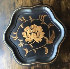 Vintage Large 15.5” Tole Painted Floral Wooden Pedestal Serving Tray Platter picture