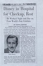 DISNEY IN HOSPITAL FOR CHECKUP,  REST by HEDDA HOPPER 1964 Photocopy ARTICLE picture