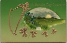 c1910s ST. PATRICK'S DAY Postcard Countryside Landscape / Sheep / Gold Harp picture