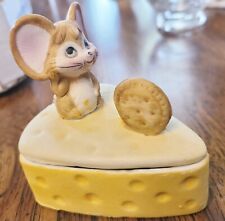 Vintage Bisque Mouse On Cheese Wedge Ring Dish Trinket Box 3.5 Inch Long picture