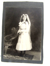 Antique Cabinet Photo Girl in White Dress Veil Communion picture