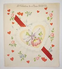 Vintage Valentine Card Hearts Orchid Red Satin Ribbon 1948 Dear Daughter picture