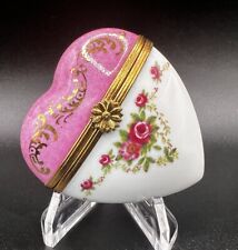 Vintage Limoges France Pink Floral “Heart Fait Main” Porcelain Trinket Ring Box picture