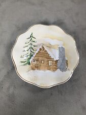 Vintage Small Christmas Plate With Feet, Hand Painted With Log Cabin picture