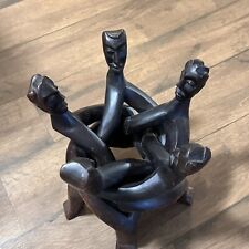 VINTAGE African Unity Circle Sculpture 5 Head Ghana Carved Wood Art Décor Flawed picture