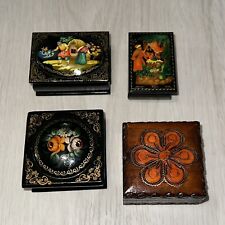 Vintage Russian Hand Painted Story Wood Jewelry Boxes Lot Of 4 picture