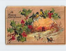 Postcard A Happy Christmas with Birds Hollies Embossed Art Print picture