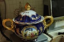 Fine Vintage Porcelain French Sevres Style Limoges Cobalt Lidded Bowl CHIPPED picture