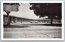 Two Rivers Wisconsin~Cool City Motel~Close Up Neon Roadside Sign~1950s Cars B&W  picture