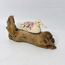 Vintage Hand Painted Duck On Driftwood Miniature Floral Pink Unique Wood picture