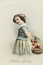 c1910 Birthday Greetings Girl with Flower Basket Victorian Birthday Card picture