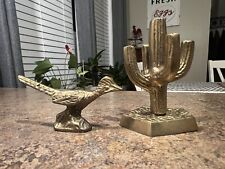 Vintage Brass Saguaro Cactus Ring Holder & Roadrunner Paperweight Figurine picture