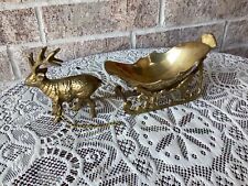 Vintage Solid Brass Christmas Sleigh Candy Dish with Reindeer picture