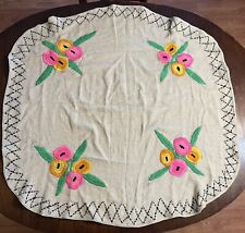 VTG MCM Fluffy Yarn Embroidered Floral Tablecloth 46 1/2 X 44 1/2 picture