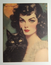 *Halloween* Postcard: Mysterious Lady, Black Cat & Full Moon Image~Reproduction picture
