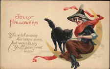 Halloween Witch on Moon With Cat Stecher 1238D c1915 Postcard picture