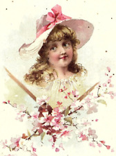 1894 Woolson Spice Co. Lion Coffee Victorian Card Lovely Girl & Hat Pink Flowers picture