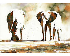Painting of elephants passing each other.   Watercolor fine art colorful print  picture