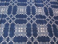 Antique navy blue cream woven coverlet with very unusual fringe 77 x 93 inches picture