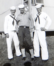 3 NAVY SAILORS GAY INT POSE 1947-51 FOUND PHOTO DRESS WHITES HANDSOME SNAPSHOT picture