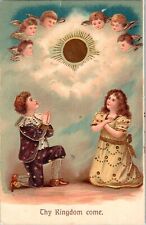 Thy Kingdom Come Religious Boy & Girl Praying to Angels 1908 Postcard Gilt picture