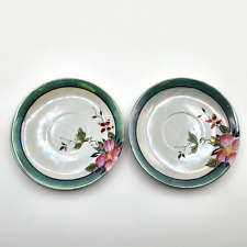 Vintage made in Japan green trim lusterware pink floral saucer stamped Set of 2 picture