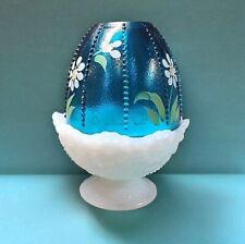 Fenton Art Glass Beaded Fairy Lamp Blue & White Hand Painted Signed Flowers VTG picture
