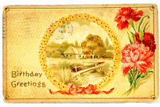 1912 Birthday Card Postcard Embossed Flowers Chromolithography picture