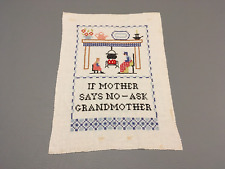 VTG Embroidered Sampler Mother Grandmother Kitchen Homemaker Kitsch Linen READ picture