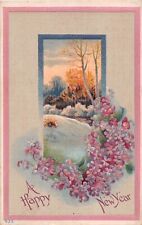 1911 New Year Postcard of Violets by a Snowy Rural Scene - No. 535 picture