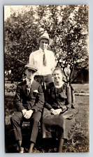 Original Old Vintage Antique Outdoor Photo Family Gentlemen Suit Lady Dress B&W picture