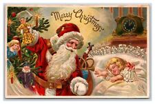 Santa Claus in Satin Sleeping Child Christmas Embossed Gilt UNP DB Postcard P25 picture