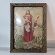 VTG Jesus The Good Shepherd Convex Curved Glass Framed Wall Art Christ 6 X 8 picture