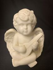 VTG White Porcelain Sitting Cherub Cupid Angel Playing Mandolin 3.5
