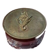 Vintage MCM Vanity Dresser Powder Jar Round Gold Metal & Glass Trinket Dish Box picture