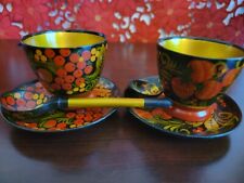Russian Khokhloma Wooden Cup W/ Saucer & Spoon, 2 Sets 1 Price;  Hand painted picture