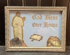 Vtg 50’s GOD BLESS OUR HOME Painted Glass Wood Frame Litho Religious Wall plaque picture
