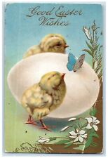 Easter Postcard Giant Egg Baby Chicks Butterfly Flowers Embossed 1914 Antique picture