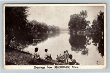 Sheridan MI Kids Gathering Water View Scenic Greeting Michigan Vintage Postcard picture