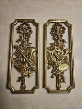 Hollywood Regency Pair MUSIC SYROCO WALL ART PLAQUES VINTAGE GOLD HOMCO 1964 MCM picture
