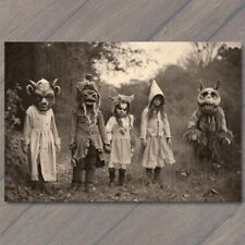 POSTCARD Weird Creepy Old Fashion Vibe Kids Halloween Cult Unusual Mask Strange picture