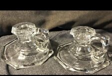 Vintage Clear Glass Candlestick Holder Pair w/FINGER LOOPS Nice picture