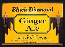 Black Diamond Ginger Ale Soda Label White Front Tavern Pittsburg, CA c1930's-40s picture