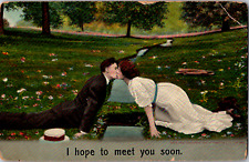 Vintage C. 1908 Young Man Woman Kissing End of The Path Valentine Postcard picture